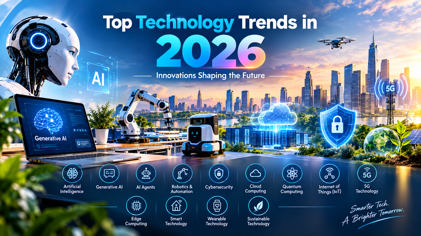 Top technology trends in 2026, including AI, robotics, cloud computing, cybersecurity, and IoT